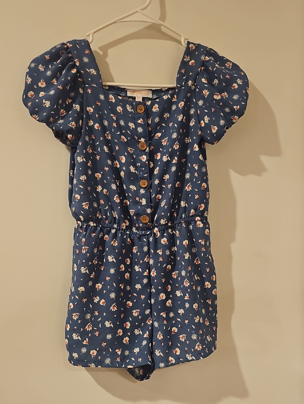 Kensie Girl Blue Floral Puff-Sleeve Button Romper - Girls Sz 10